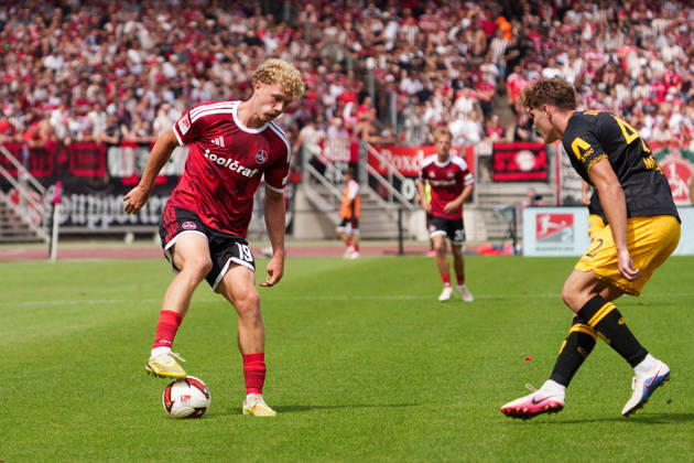 Piet Scobel, 1. FC Nuremberg, 19, GER, 1. FC Nuremberg vs. Dynamo Dresden, Soccer, 2. Bundesliga, Matchday 1, 2026–2027 Season, August 9, 2026, DFL regulations prohibit any use of photographs as image sequences and or quasi-video, GER, 1. FC Nuremberg vs. Dynamo Dresden, soccer, 2. Bundesliga, Matchday 1, 2026–2027 season, August 9, 2026, Nuremberg Copyright: xEibner-Pressefoto MaxxVogelx EP_MVL