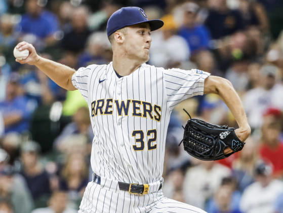 Milwaukee Brewers starting pitcher Jacob Misiorowski throws in the first inning of the MLB, Baseball Herren, USA game between the Minnesota Twins and the Milwaukee Brewers at American Family Field in Milwaukee, Wisconsin on Sunday, August 9, 2026.  MIL20260809802 TANNENxMAURY