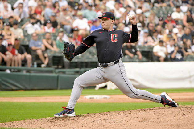 Cleveland Guardians pitcher Erik Sabrowski (62) throws against Chicago White Sox during the fifth inning at Rate Field in Chicago, IL on Sunday, August 9, 2026. The White Sox defeated the Guardians 5-3.  CHI20260809138 MARKxBLACK