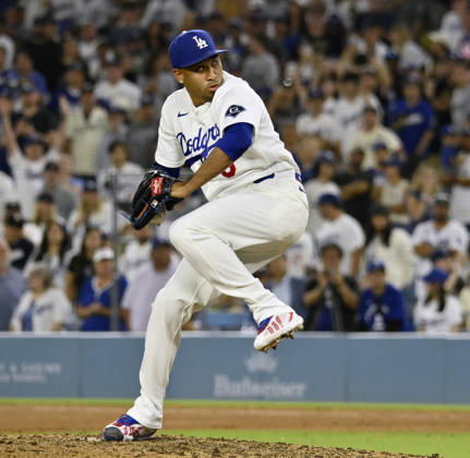 Los Angeles Dodgers closing pitcher Edwin Diaz winds up to deliver against the Kansas City Royals at Dodger Stadium in Los Angeles on Monday, August 10, 2026. LAP2026081007 JIMxRUYMEN