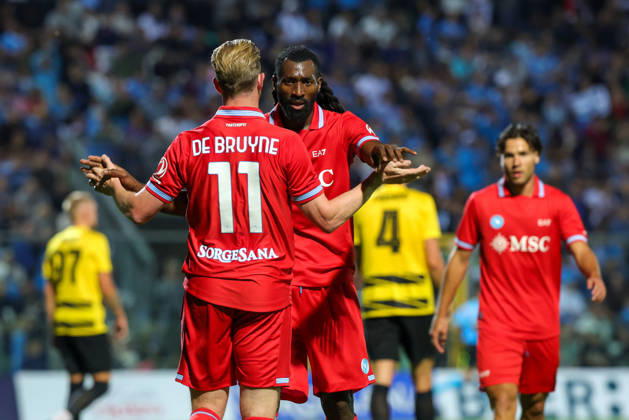 Napoli™s Kevin De Bruyne celebrates after scoring goal 3-1 during the friendly match Napoli and Aris Salonicco at the Teofilo Patini Stadium in Castel Di Sangro, Central Southern Italy - Tuesday, August 12 , 2026. - Soccer . Copyright: xAlessandroxGarofalo LaPressex