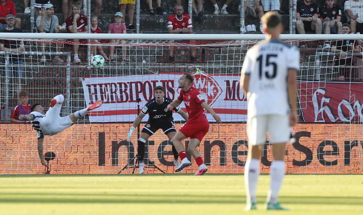 August 14, 2026, xfsx, Men s, Soccer, 2026–2027 Season, 3rd Division, Matchday 2: FC Würzburger Kickers vs. SV Wehen Wiesbaden (from left: Sinan Karweina, SV Wehen Wiesbaden; Johann Hipper, FC Würzburger Kickers; Leo Eberle, FC Würzburger Kickers; Justin Janitzek, SV Wehen Wiesbaden) in Würzburg at the AKON ARENA, Bavaria, Germany