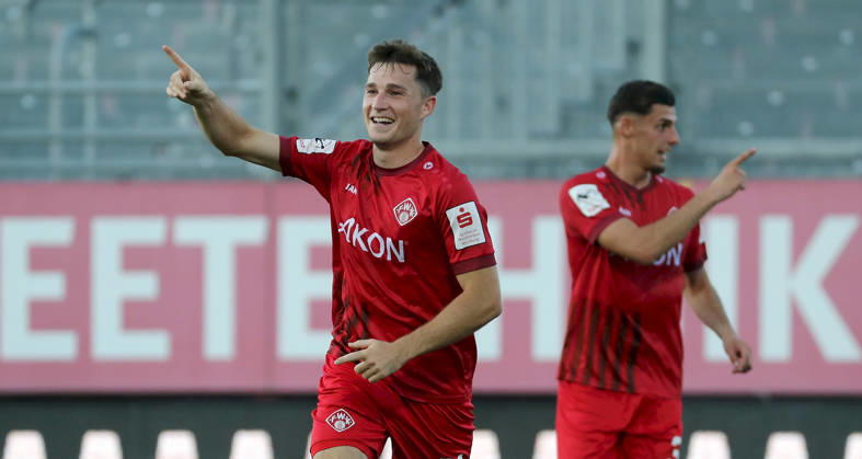 August 14, 2026, xfsx, Men s, Soccer, 2026–2027 Season, 3rd Division, Matchday 2: FC Würzburger Kickers vs. SV Wehen Wiesbaden; from left: Tim Kraus (FC Würzburger Kickers), Ivan Franjic, FC Würzburger Kickers, celebrating the goal, goal celebration, cheering after the goal that made it 2–0, Würzburg, AKON ARENA, Bavaria, Germany
