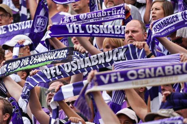August 15, 2026, xkwix, Soccer, 2. Bundesliga, VfL Osnabrück vs. 1. FC Magdeburg, Stadion an der Bremer Brücke, Matchday 2, 2026–2027 season; fans wearing scarves with Osnabrück written on them. DFB regulations prohibit any use of photographs as image sequences and or quasi-video. Photo: xKamilxWilkowskixPressefotoKochx, Lower Saxony, Germany