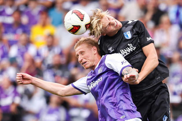 August 15, 2026, xkwix, Soccer, 2. Bundesliga, VfL Osnabrück vs. 1. FC Magdeburg, Stadion an der Bremer Brücke, Matchday 2, 2026–2027 Season: Bjarke Jacobsen (VfL Osnabrück, No. 15) heads the ball in a duel against Luka Hyrylaeinen (1. FC Magdeburg, No. 38). DFB regulations prohibit any use of photographs as image sequences and or quasi-video. Photo: xKamilxWilkowskixPress photo by Koch, Lower Saxony, Germany