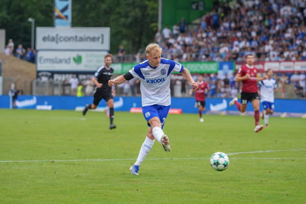 German Soccer, 3rd Division, Matchday 2, Hänsch Arena, SV Meppen vs. SG Sonnenhof Großaspach; goal by Luca Prasse (SV Meppen) in the 31st minute, followed by goal celebrations Copyright: xMichelxWittex