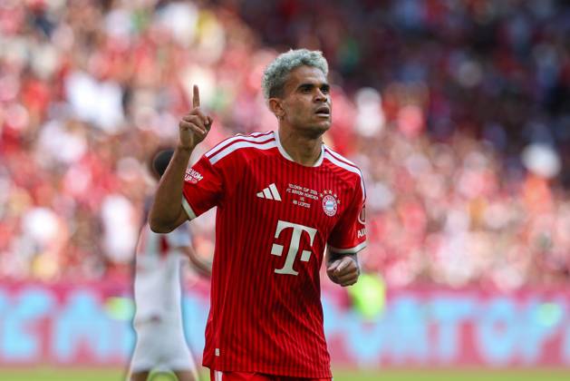 Luis Diaz celebrates his goal in the 14th minute as FC Bayern Munich takes a 1-0 lead; FC Bayern Munich vs. RB Leipzig, Soccer, Telekom Cup, August 15, 2026, Munich, Bavaria, Germany Copyright: xkolbert-press ChristianxKolbertx