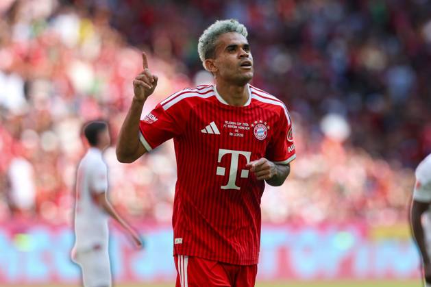 Luis Diaz celebrates his goal in the 14th minute as FC Bayern Munich takes a 1-0 lead; FC Bayern Munich vs. RB Leipzig, Soccer, Telekom Cup, August 15, 2026, Munich, Bavaria, Germany Copyright: xkolbert-press ChristianxKolbertx
