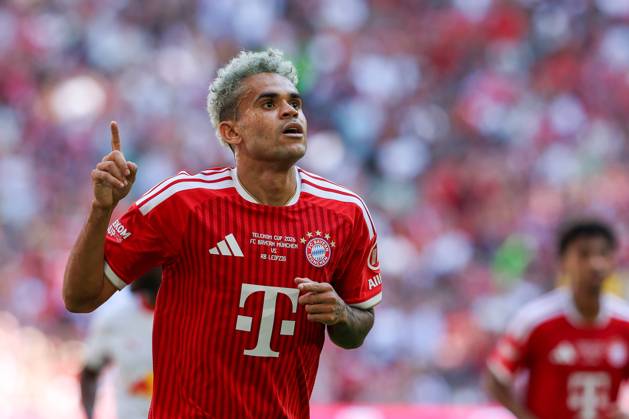Luis Diaz celebrates his goal in the 14th minute as FC Bayern Munich takes a 1-0 lead; FC Bayern Munich vs. RB Leipzig, Soccer, Telekom Cup, August 15, 2026, Munich, Bavaria, Germany Copyright: xkolbert-press ChristianxKolbertx