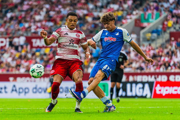 Steven van der Sloot (Fortuna Düsseldorf, 02) loses possession in a tackle with Maximilian Theuer (TSG Hoffenheim II, 47) Fortuna Düsseldorf vs. TSG Hoffenheim II, Soccer, 3. Liga, Matchday 02, 2026–27 Season, August 15, 2026, DFL regulations prohibit any use of photographs as image sequences and or quasi-video. Fortuna Düsseldorf vs. TSG Hoffenheim II, Soccer, 3. Liga, Matchday 2, 2026–27 Season, August 15, 2026, Düsseldorf Copyright: xEibner-Pressefoto LukasxBaldygax EP_LBA