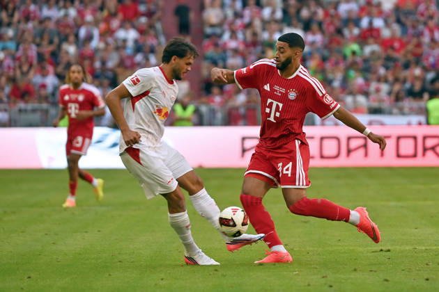 Ismael SAIBARI, Bayern Munich, Action, Tackle against Max FINKGRAEFE, Soccer, Telekom Cup, FC Bayern Munich vs. RB Leipzig 3–1 on August 15, 2025, ALLIANZ ARENA