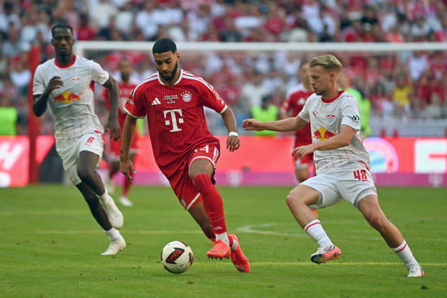Ismael SAIBARI, Bayern Munich, Action, Tackle against Arthur VERMEEREN, Soccer, Telekom Cup, FC Bayern Munich vs. RB Leipzig 3–1 on August 15, 2025, ALLIANZ ARENA