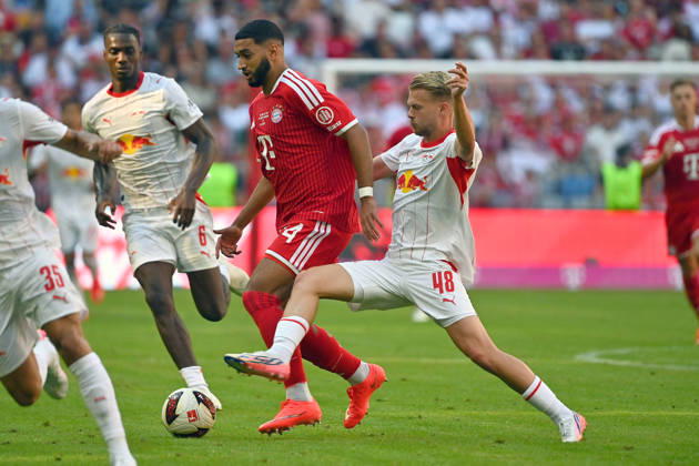 Ismael SAIBARI, Bayern Munich, Action, Tackle against Arthur VERMEEREN, Soccer, Telekom Cup, FC Bayern Munich vs. RB Leipzig, 3–1, August 15, 2025, ALLIANZ ARENA