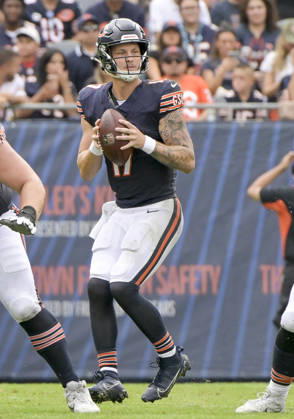 Chicago Bears quarterback Tyson Bagent (17) looks for an open receiver in the second quarter against the Cleveland Browns during a preseason game at Soldier Field in Chicago on Saturday, August 15, 2026. CHI20260815113 MARKxBLACK