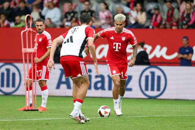 Luis Diaz, FC Bayern Munich, 14, with the ball; Felip Pavic, FC Bayern Munich, 43; Arijon Ibrahimovic, FC Bayern Munich, 22; GER; Allianz FC Bayern Munich Team Day; soccer; 2026–2027 season; August 17, 2026, GER, Allianz FC Bayern Munich Team Day, soccer, 2026–2027 season, August 17, 2026, Munich Copyright: xEibner-Pressefoto JennixMaulx EP_JML