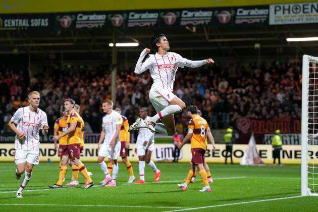 Keisuke Goto SC Freiburg, 42 goal celebration, emotions, shot on goal, finish, goal scored, goal, Scotland, soccer, UEFA Conference League, playoffs, first leg, 2026–2027, Motherwell FC vs. SC Freiburg, August 20, 2026, Fir Park Stadium, Motherwell, Motherwell, Fir Park Stadium, North Lanarkshire, Scotland Copyright: xArnexAmbergx