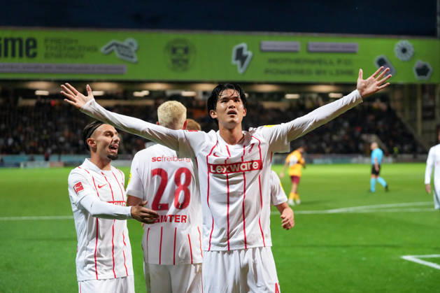 Keisuke Goto, SC Freiburg, 42, goal celebration, emotions, shot on goal, finish, goal scored, goal, Scotland, soccer, UEFA Conference League, playoffs, first leg, 2026–2027, Motherwell FC vs. SC Freiburg, August 20, 2026, Fir Park Stadium, Motherwell, Motherwell, Fir Park Stadium, North Lanarkshire, Scotland Copyright: xArnexAmbergx