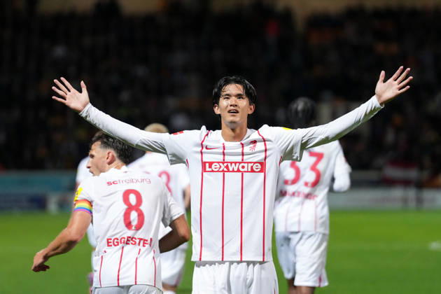 Keisuke Goto, SC Freiburg, 42, goal celebration, emotions, shot on goal, shot, goal scored, goal, Scotland, soccer, UEFA Conference League, playoffs, first leg, 2026–2027, Motherwell FC vs. SC Freiburg, August 20, 2026, Fir Park Stadium, Motherwell, North Lanarkshire, Scotland Copyright: xArnexAmbergx