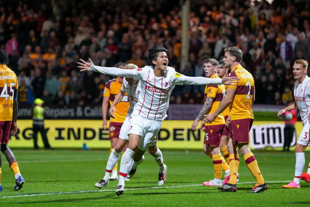 Keisuke Goto, SC Freiburg, 42, goal celebration, emotions, shot on goal, finish, goal scored, goal, Scotland, soccer, UEFA Conference League, playoffs, first leg, 2026–2027, Motherwell FC vs. SC Freiburg, August 20, 2026, Fir Park Stadium, Motherwell, North Lanarkshire, Scotland Copyright: xArnexAmbergx