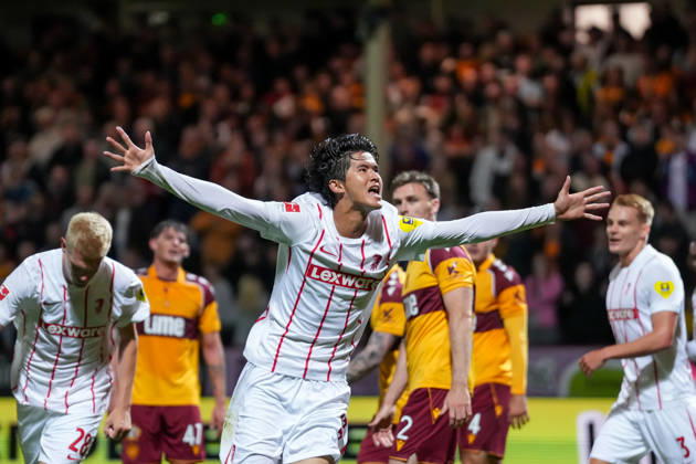 Keisuke Goto, SC Freiburg, 42, goal celebration, emotions, shot on goal, finish, goal scored, goal, Scotland, soccer, UEFA Conference League, playoffs, first leg, 2026–2027, Motherwell FC vs. SC Freiburg, August 20, 2026, Fir Park Stadium, Motherwell, North Lanarkshire, Scotland Copyright: xArnexAmbergx