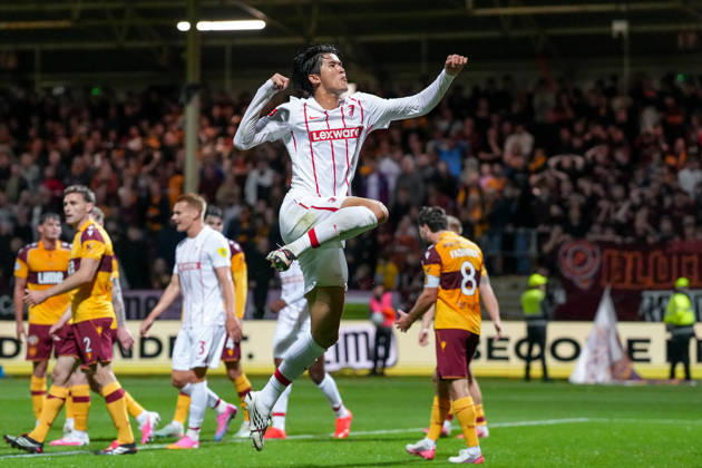 Keisuke Goto SC Freiburg, 42 goal celebration, emotions, shot on goal, finish, goal scored, goal, Scotland, soccer, UEFA Conference League, playoffs, first leg, 2026–2027, Motherwell FC vs. SC Freiburg, August 20, 2026, Fir Park Stadium, Motherwell, North Lanarkshire, Scotland Copyright: xArnexAmbergx