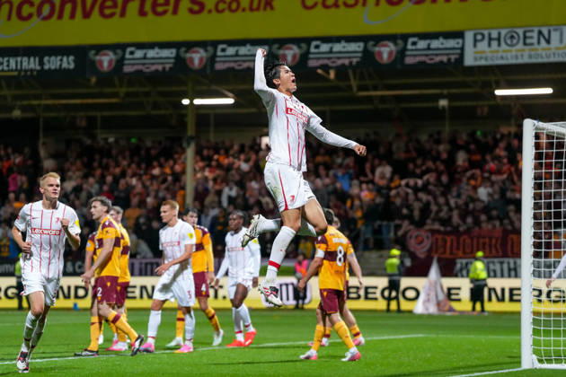 Keisuke Goto SC Freiburg, 42 goal celebration, emotions, shot on goal, finish, goal scored, goal, Scotland, soccer, UEFA Conference League, playoffs, first leg, 2026–2027, Motherwell FC vs. SC Freiburg, August 20, 2026, Fir Park Stadium, Motherwell, North Lanarkshire, Scotland Copyright: xArnexAmbergx