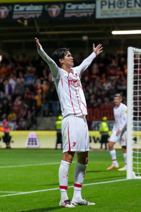 Keisuke Goto, SC Freiburg, 42 goal celebration, emotions, shot on goal, finish, goal scored, goal, Scotland, soccer, UEFA Conference League, playoffs, first leg, 2026–2027, Motherwell FC vs. SC Freiburg, August 20, 2026, Fir Park Stadium, Motherwell, North Lanarkshire, Scotland Copyright: xArnexAmbergx