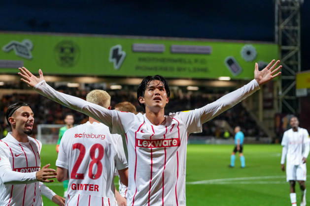 Keisuke Goto, SC Freiburg, 42 goal celebration, emotions, shot on goal, finish, goal scored, goal, Scotland, soccer, UEFA Conference League, playoffs, first leg, 2026–2027, Motherwell FC vs. SC Freiburg, August 20, 2026, Fir Park Stadium, Motherwell, North Lanarkshire, Scotland Copyright: xArnexAmbergx