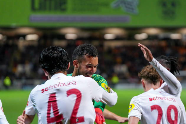 Keisuke Goto, SC Freiburg, 42 goal celebration, emotions, shot on goal, finish, goal scored, goal, Mio Backhaus, SC Freiburg, 01, Scotland, soccer, UEFA Conference League, playoffs, first leg, 2026–2027, Motherwell FC vs. SC Freiburg, August 20, 2026, Fir Park Stadium, Motherwell, Fir Park Stadium, North Lanarkshire, Scotland Copyright: xArnexAmbergx