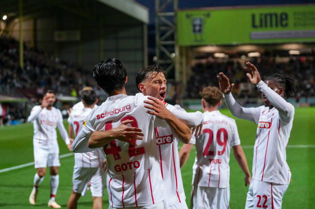 Keisuke Goto, SC Freiburg, 42, goal celebration, emotions, shot on goal, finish, goal scored, goal, strike, Maximilian Eggestein, SC Freiburg, 08, Scotland, soccer, UEFA Conference League, playoffs, first leg, 2026–2027, Motherwell FC vs. SC Freiburg, August 20, 2026, Fir Park Stadium, Motherwell, Fir Park Stadium, North Lanarkshire, Scotland Copyright: xArnexAmbergx