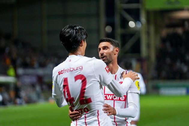 Keisuke Goto, SC Freiburg, 42 goal celebration, emotions, shot on goal, finish, goal scored, goal, Vincenzo Grifo, SC Freiburg, 32, Scotland, soccer, UEFA Conference League, playoffs, first leg, 2026–2027, Motherwell FC vs. SC Freiburg, August 20, 2026, Fir Park Stadium, Motherwell, Fir Park Stadium, North Lanarkshire, Scotland Copyright: xArnexAmbergx