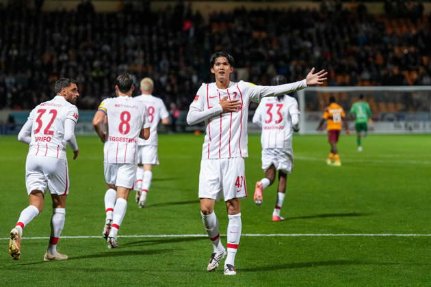 Keisuke Goto, SC Freiburg, 42, goal celebration, emotions, shot on goal, finish, goal scored, goal, Scotland, soccer, UEFA Conference League, playoffs, first leg, 2026–2027, Motherwell FC vs. SC Freiburg, August 20, 2026, Fir Park Stadium, Motherwell, North Lanarkshire, Scotland Copyright: xArnexAmbergx