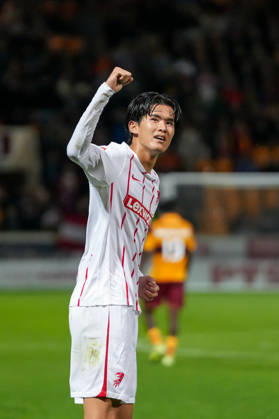 Keisuke Goto, SC Freiburg, 42, goal celebration, emotions, shot on goal, finish, goal scored, goal, Scotland, soccer, UEFA Conference League, playoffs, first leg, 2026–2027, Motherwell FC vs. SC Freiburg, August 20, 2026, Fir Park Stadium, Motherwell, North Lanarkshire, Scotland Copyright: xArnexAmbergx