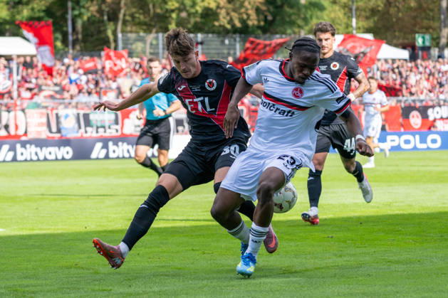 Tackle between Alexander Prokopenko of Viktoria Cologne, 30, and Mohamed Ali Zoma of 1. FC Nuremberg, 23; Viktoria Cologne vs. 1. FC Nuremberg, Soccer, DFB Cup, 1st Round, 2026–2027 Season, August 22, 2026 DFL DFB regulations prohibit any use of photographs as image sequences and or quasi-video Viktoria Cologne vs. 1. FC Nuremberg, soccer, DFB Cup, Round 1, 2026–2027 season, August 22, 2026, Cologne Copyright: xEibner-Pressefoto ThomasxHaeslerx EP_THR