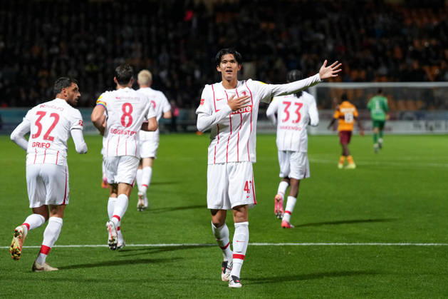 Keisuke Goto, SC Freiburg, 42, goal celebration, emotions, shot on goal, finish, goal scored, goal, Scotland, soccer, UEFA Conference League, playoffs, first leg, 2026–2027, Motherwell FC vs. SC Freiburg, August 20, 2026, Fir Park Stadium, Motherwell, Motherwell, Fir Park Stadium, North Lanarkshire, Scotland Copyright: xArnexAmbergx