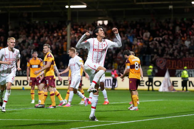 Keisuke Goto, SC Freiburg, 42, goal celebration, emotions, shot on goal, finish, goal scored, goal, Scotland, soccer, UEFA Conference League, playoffs, first leg, 2026–2027, Motherwell FC vs. SC Freiburg, August 20, 2026, Fir Park Stadium, Motherwell, North Lanarkshire, Scotland Copyright: xArnexAmbergx
