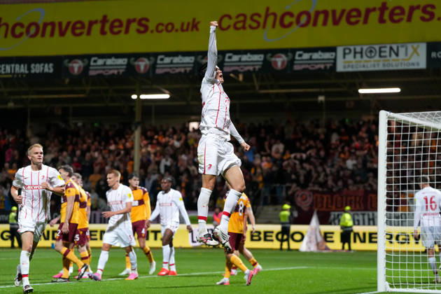 Keisuke Goto, SC Freiburg, 42, goal celebration, emotions, shot on goal, finish, goal scored, goal, Scotland, soccer, UEFA Conference League, playoffs, first leg, 2026–2027, Motherwell FC vs. SC Freiburg, August 20, 2026, Fir Park Stadium, Motherwell, North Lanarkshire, Scotland Copyright: xArnexAmbergx