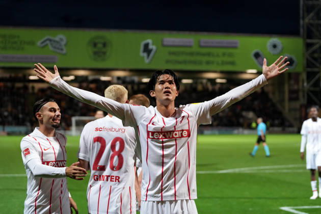 Keisuke Goto, SC Freiburg, 42, goal celebration, emotions, shot on goal, finish, goal scored, goal, Scotland, soccer, UEFA Conference League, playoffs, first leg, 2026–2027, Motherwell FC vs. SC Freiburg, August 20, 2026, Fir Park Stadium, Motherwell, North Lanarkshire, Scotland Copyright: xArnexAmbergx