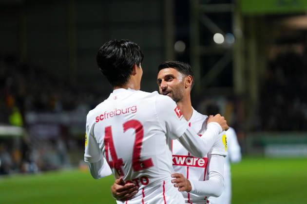 Keisuke Goto, SC Freiburg, 42 goal celebration, emotions, shot on goal, shot, goal scored, goal, Vincenzo Grifo, SC Freiburg, 32, Scotland, soccer, UEFA Conference League, playoffs, first leg, 2026–2027, Motherwell FC vs. SC Freiburg, August 20, 2026, Fir Park Stadium, Motherwell, Motherwell, Fir Park Stadium, North Lanarkshire, Scotland Copyright: xArnexAmbergx