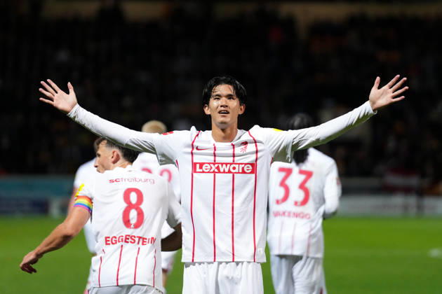 Keisuke Goto, SC Freiburg, 42, goal celebration, emotions, shot on goal, finish, goal scored, goal, Scotland, soccer, UEFA Conference League, playoffs, first leg, 2026–2027, Motherwell FC vs. SC Freiburg, August 20, 2026, Fir Park Stadium, Motherwell, Motherwell, Fir Park Stadium, North Lanarkshire, Scotland Copyright: xArnexAmbergx