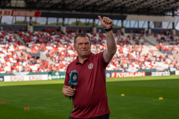 Uwe Koschinat, Rot-Weiss Essen, head coach, in a pre-match interview, GER Rot-Weiss Essen vs. FC St. Pauli, soccer, DFB Cup, Round 1, 2026–2027 Main Round, August 23, 2026 DFB DFL regulations prohibit any use of photographs as image sequences and or quasi-video, GER Rot Weiss Essen vs. FC St. Pauli, Soccer, DFB Cup, Round 1, Main Round 2026–2027, August 23, 2026, Essen Copyright: xEibner-Pressefoto FabianxFriesex EP_FFE