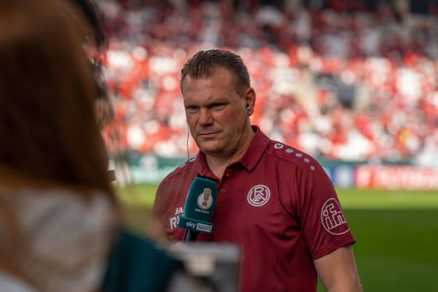 Uwe Koschinat, Rot-Weiss Essen, head coach, in a pre-match interview, GER Rot-Weiss Essen vs. FC St. Pauli, soccer, DFB Cup, Round 1, 2026–2027 Main Round, August 23, 2026 DFB DFL regulations prohibit any use of photographs as image sequences and or quasi-video, GER Rot Weiss Essen vs. FC St. Pauli, Soccer, DFB Cup, Round 1, Main Round 2026–2027, August 23, 2026, Essen Copyright: xEibner-Pressefoto FabianxFriesex EP_FFE