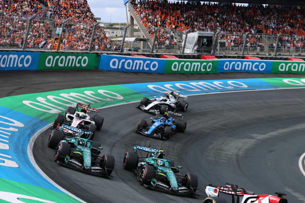 14 ALONSO Fernando (SPA), Aston Martin F1 Team AMR26, in action, and 18 STROLL Lance (CAN), Aston Martin F1 Team AMR26, in action during the 2026 Formula 1 Dutch Grand Prix, the 12th round of the 2026 Formula One World Championship, held August 21–23, 2026, at the Circuit Zandvoort in Zandvoort, Netherlands. Start: Zandvoort, Netherlands