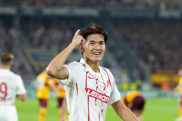 Keisuke Goto, SC Freiburg, 42, goal celebration, emotions, shot on goal, finish, goal scored, goal, hit, Germany, soccer, UEFA Conference League, playoffs, second leg, 2026–2027, SC Freiburg vs. Motherwell FC, August 27, 2026, Europa-Park Stadium, Freiburg, Freiburg, Europa-Park Stadium, Baden-Württemberg, Germany Copyright: xArnexAmbergx