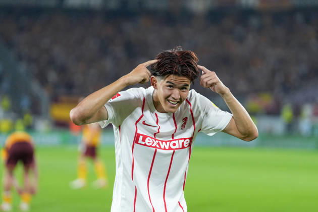 Keisuke Goto, SC Freiburg, 42, goal celebration, emotions, shot on goal, finish, goal scored, goal, hit, Germany, soccer, UEFA Conference League, playoffs, second leg, 2026–2027, SC Freiburg vs. Motherwell FC, August 27, 2026, Europa-Park Stadium, Freiburg, Freiburg, Europa-Park Stadium, Baden-Württemberg, Germany Copyright: xArnexAmbergx