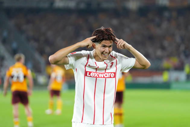 Keisuke Goto, SC Freiburg, 42, goal celebration, emotions, shot on goal, finish, goal scored, goal, hit, Germany, soccer, UEFA Conference League, playoffs, second leg, 2026–2027, SC Freiburg vs. Motherwell FC, August 27, 2026, Europa-Park Stadium, Freiburg, Freiburg, Europa-Park Stadium, Baden-Württemberg, Germany Copyright: xArnexAmbergx