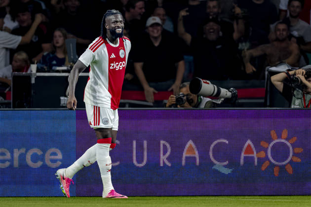 AMSTERDAM — AFC Ajax Amsterdam forward Toluwalase Arokodare celebrates his goal during the UEFA Conference League at the Johan Cruijff ArenA on August 27, 2026, in Amsterdam, the Netherlands. Photo by DeFodi Images
