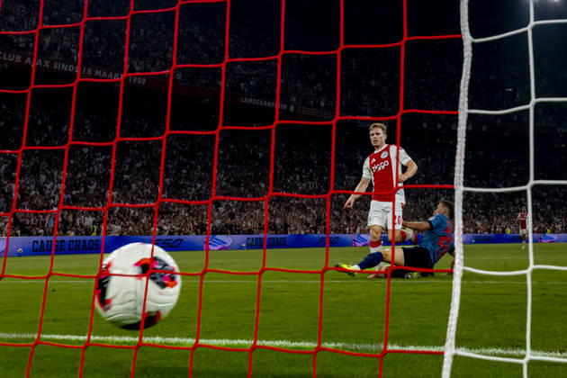 AMSTERDAM: AFC Ajax Amsterdam forward Oliver Edvardsen scores the fifth goal in a 5–2 victory during the UEFA Conference League match at the Johan Cruijff ArenA on August 27, 2026, in Amsterdam, the Netherlands. Photo by DeFodi Images