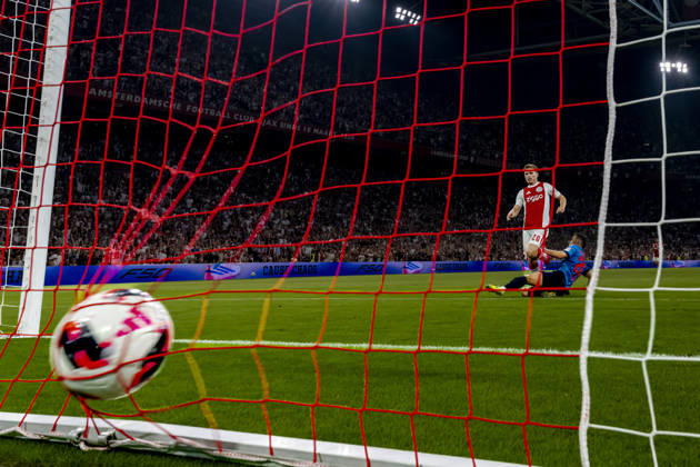 AMSTERDAM: AFC Ajax Amsterdam forward Oliver Edvardsen scores the fifth goal in a 5–2 victory during the UEFA Conference League at the Johan Cruijff ArenA on August 27, 2026, in Amsterdam, the Netherlands. Photo by DeFodi Images