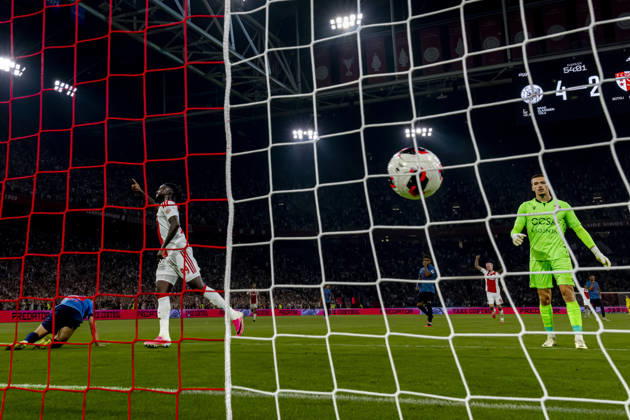 AMSTERDAM: AFC Ajax Amsterdam forward Oliver Edvardsen scores the 5-2 goal, while AFC Ajax Amsterdam forward Toluwalase Arokodare celebrates his goal during the UEFA Conference League match at the Johan Cruijff ArenA on August 27, 2026, in Amsterdam, the Netherlands. Photo by DeFodi Images